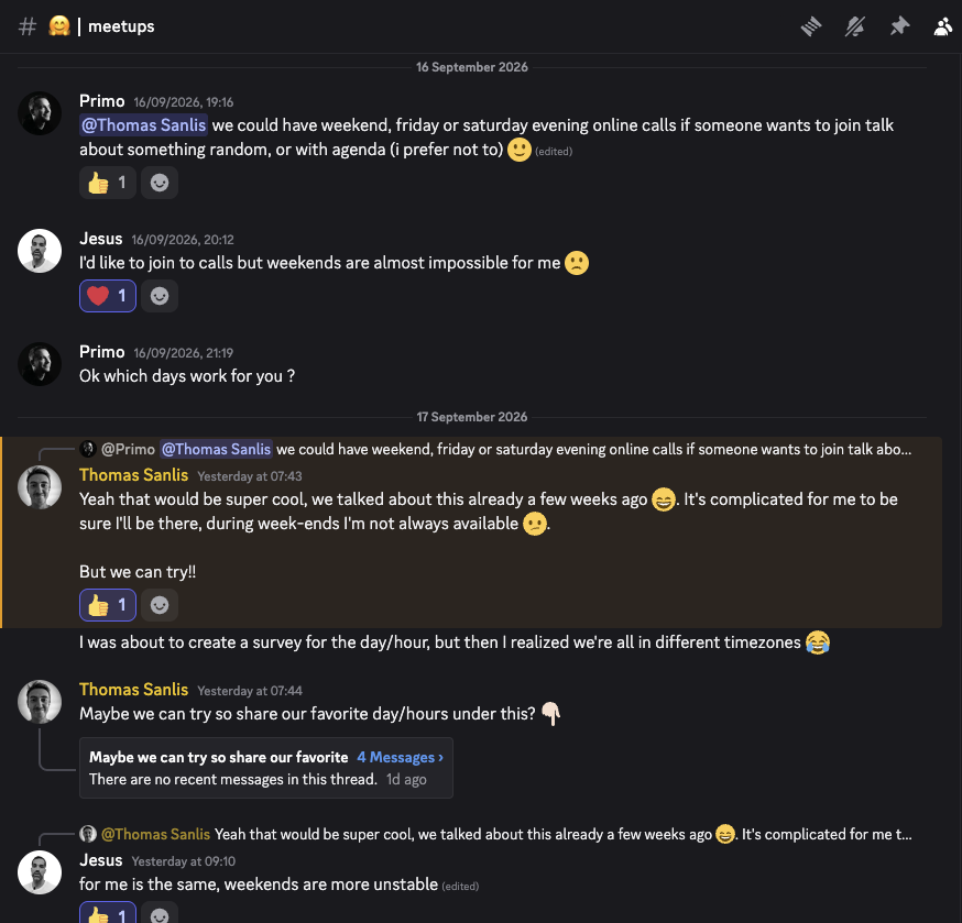 A Discord thread from 16 and 17 September 2026: Primož suggests weekend calls, others say weekends are hard, and Thomas notes everyone is in a different timezone.